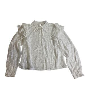 Express Women's White Lace Ruffle Long Sleeve Mock Neck Blouse Medium Coquette